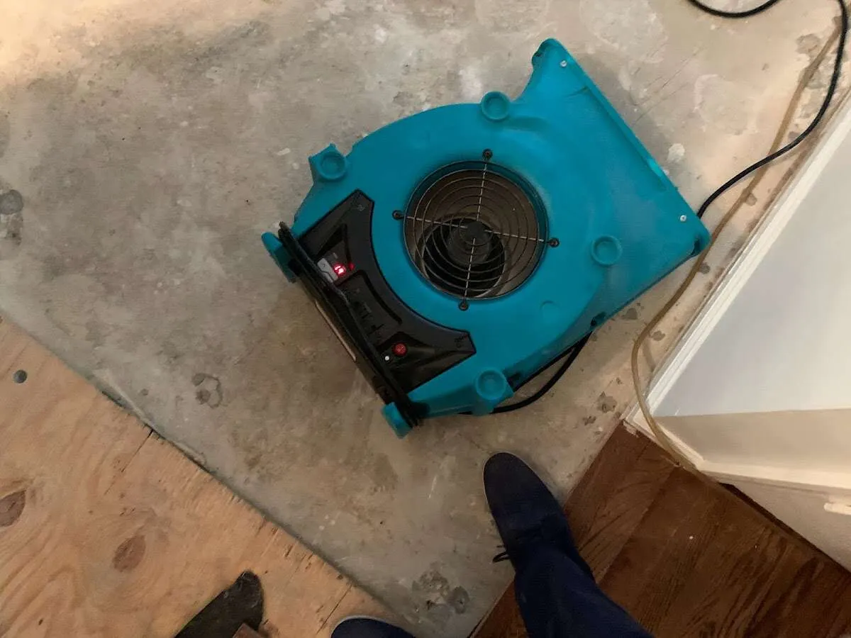 Air mover drying subfloor during Commercial Water Damage Restoration in Butler